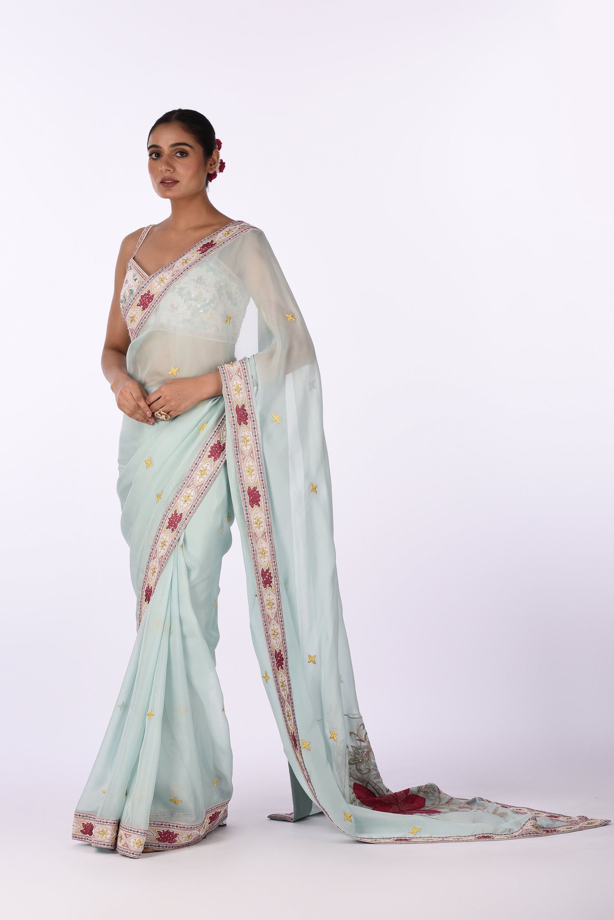 Sky Blue Embroidered Organza Saree